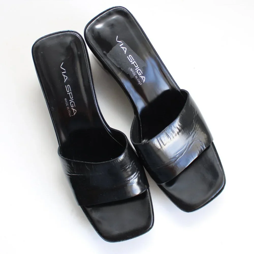 Via Spiga Black Acrylic Lucite Platform Wedge Cut-Out Heel Sandals Size 8.5 - Picture 7 of 8